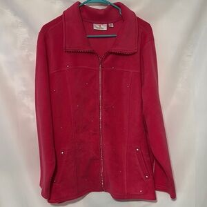 Quacker Factory Women's Pink Fleece Jacket Front Zip Rhinestones Pockets 2X EUC